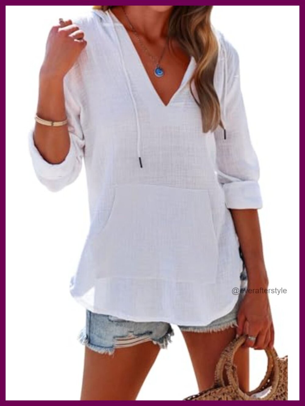 Women's 100% Cotton Beach Cover Up Hoodie Long Sleeve V Neck Pocketed